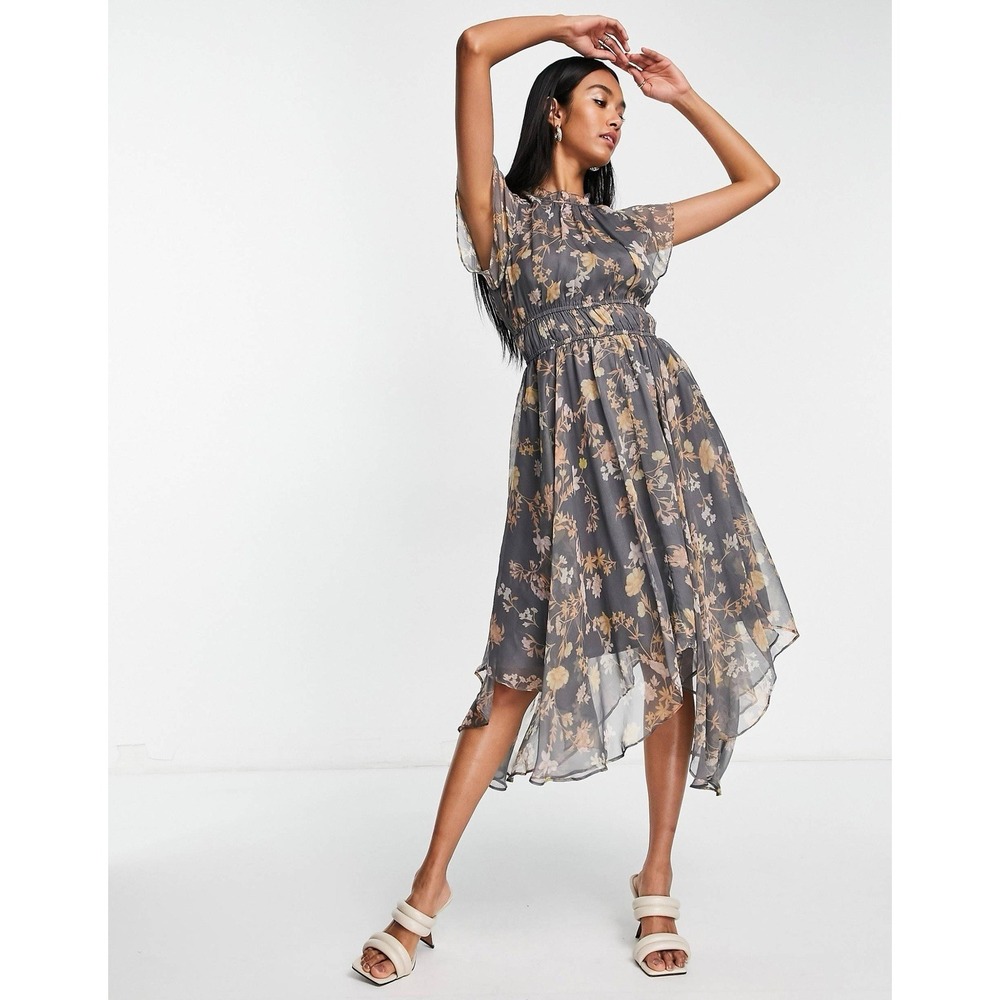 NWT French Connection Diana Crinkle Flowy Dress -Womens 10- Warm Graphite Floral